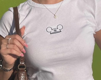 Embroidered Baby Tee Crop Top, Mickey Hat Minnie Ears Park Snacks Embroidery Shirt, Cute Theme Park Outfit, Comfort Colors Crop Fit for Girl