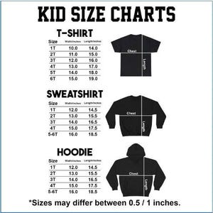 May include: A white background displays a black text chart titled "KID SIZE CHARTS". The chart includes size measurements for T-shirts, sweatshirts, and hoodies, with chest and length dimensions in inches. The text "Sizes may differ between 0.5 / 1 inches" is at the bottom.