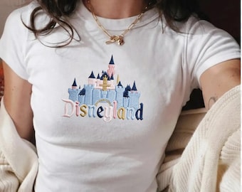 Embroidered Disneyland Castle Embroidered Baby Tee 90s, Disney Trip Shirt, Magic Kingdom Inspired Fitted Tee, Cute Aesthetic Park Outfit