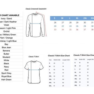 May include: An image showing a colour chart and size charts for classic crewneck sweatshirts and t-shirts. The colour chart lists various colours. Size charts are provided in both centimetres and inches for the t-shirts.