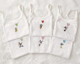 Embroidered Disney Character Tank Top, Mickey Minnie Daisy Donald Pluto Goofy Balloon Shirt, Spaghetti Strap Tank Top, Disneyland Outfit