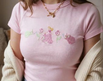 Princess Aurora and Fairies Embroidered Baby Tee, Sleeping Beauty Shirt, Disney Inspired Crop Top, Y2K Aesthetic Tee, Cute Fairy Tale Top