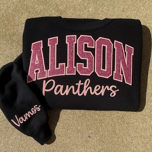 Custom Glitter Letters and Symbol Sweatshirt, Embroidered School Spirit Crewneck with Mascot Design and Personalized Sleeve Embroidery