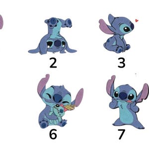 May include: A collection of seven cartoon character stickers featuring Stitch from Lilo & Stitch. Each sticker depicts Stitch in various poses, with blue and purple coloring. The stickers are numbered 1 through 7.
