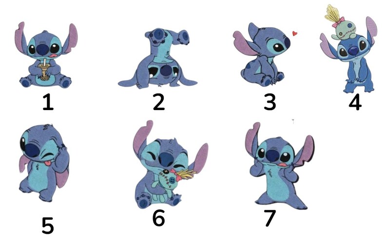 May include: A collection of seven cartoon character stickers featuring Stitch from Lilo & Stitch. Each sticker depicts Stitch in various poses, with blue and purple coloring. The stickers are numbered 1 through 7.