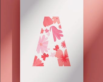 Poster with painted flowers, pink tones, initial A