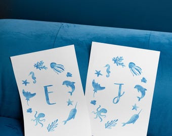 A4 poster with initial J: marine animals in blue watercolor
