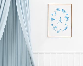 Cute sea animals nursery poster, wall art baby room, children’s print decoration, playroom animal artwork, watercolor illustration