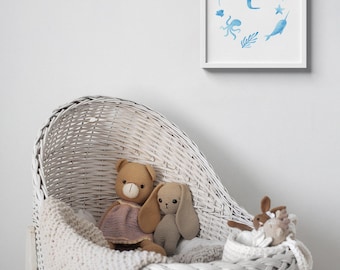 Cute sea animals nursery poster, wall art, children's print decoration, playroom animal artwork, watercolor illustration, initial first name