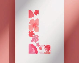 Nursery wall art with flowers, cute painted illustration, baby poster print, pink floral decoration with initial L