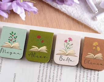 Segnalibro personalizzato in pelle con fiore di nascita, segnalibro magnetico in pelle personalizzato, segnalibro con nome e fiore di nascita, regalo per gli amanti dei libri, regalo per lei