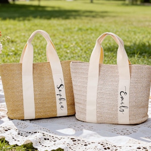 Gepersonaliseerde stro strandtassen, aangepaste strandtas, vrijgezellenfeest cadeauzakjes, jute draagtas, cadeautasje bruidsmeisje, draagtas stro naam, trouwbedankjes