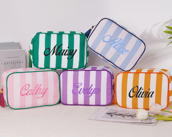 Gepersonaliseerde make-uptas, aangepaste reistoilettas, gestreepte make-uptas, cadeaus bruidsmeisjes voorstel, make-up toilettas, vrijgezellenfeestgunsten