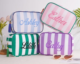 Gepersonaliseerde make-uptas, aangepaste reistoilettas, gestreepte make-uptas, cadeaus bruidsmeisjes voorstel, make-up toilettas, vrijgezellenfeestgunsten