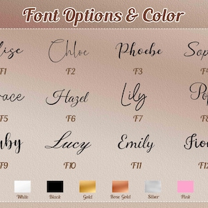 Peut inclure: Pr&eacute;sentation des options de polices et des choix de couleurs. Le texte "Font Options & Color" est en haut. Des exemples de noms dans diff&eacute;rentes polices sont affich&eacute;s, avec des &eacute;chantillons de couleurs : blanc, noir, or, or rose, argent et rose.