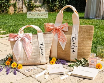 Gepersonaliseerde rieten strandtas, tas op maat voor een vrijgezellenfeest, cadeau voor de bruidsmeisjes, jute tas met naam