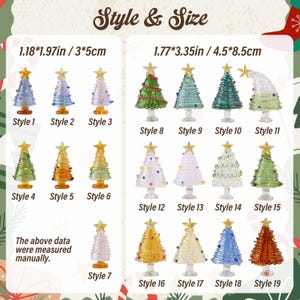 May include: A collection of nineteen miniature glass Christmas tree figurines labeled Style 1 through 19. The trees feature various colors, star toppers, and dimensions of 1.18 by 1.97 inches or 1.77 by 3.35 inches as indicated by text.