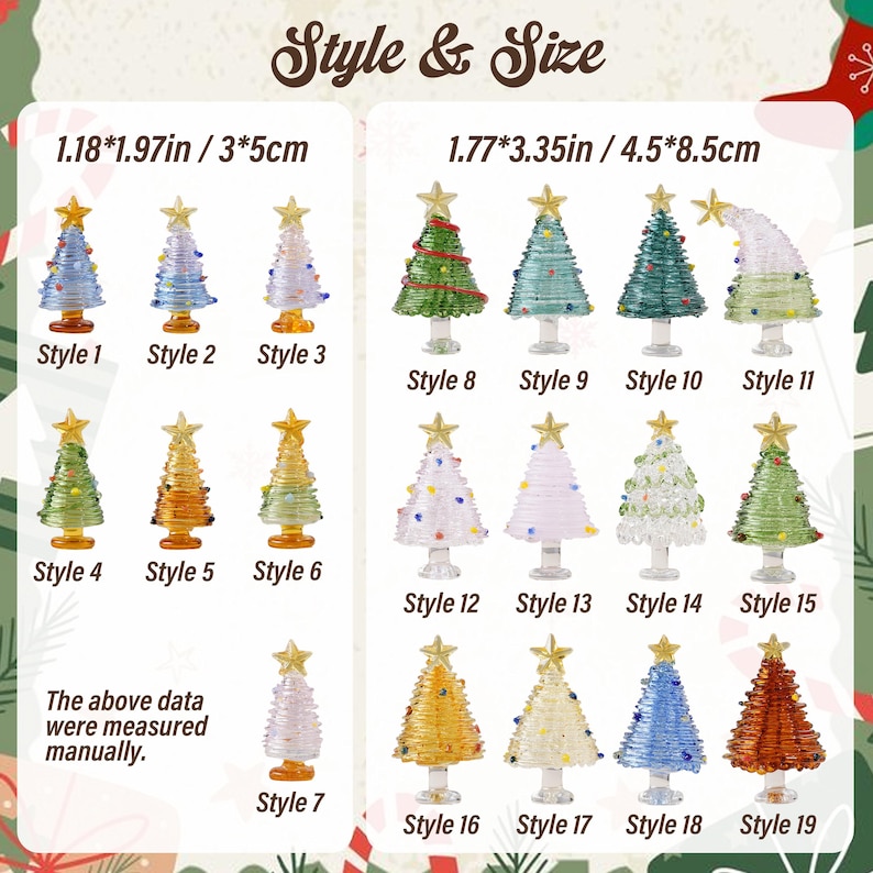 May include: A collection of nineteen miniature glass Christmas tree figurines labeled Style 1 through 19. The trees feature various colors, star toppers, and dimensions of 1.18 by 1.97 inches or 1.77 by 3.35 inches as indicated by text.
