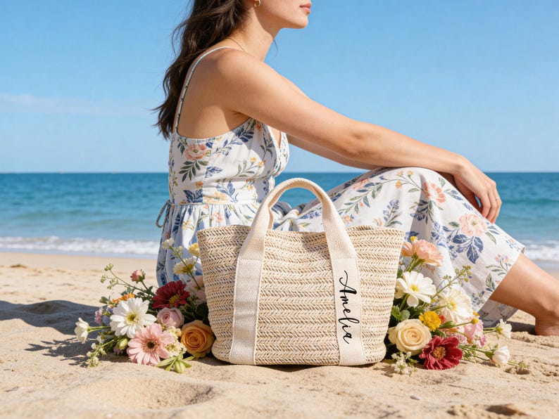 Op de afbeelding: Een beige geweven draagtas met cr&egrave;mekleurige handvatten en een cr&egrave;mekleurige band met de naam "Amelia" in zwart schrift. De tas staat op een zandstrand, omringd door bloemen, met een persoon in een bloemenjurk.