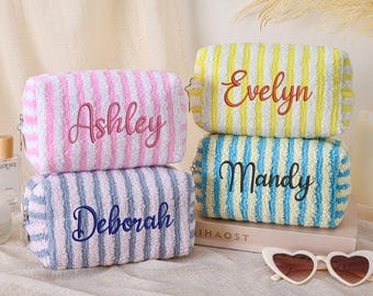 Personalized Plush Cosmetic Bag,Custom Cosmetic Bag,Embroidered Striped Toiletry Bag,Bridesmaid Makeup Bag,Bridal Party Gift,Bridesmaid Gift