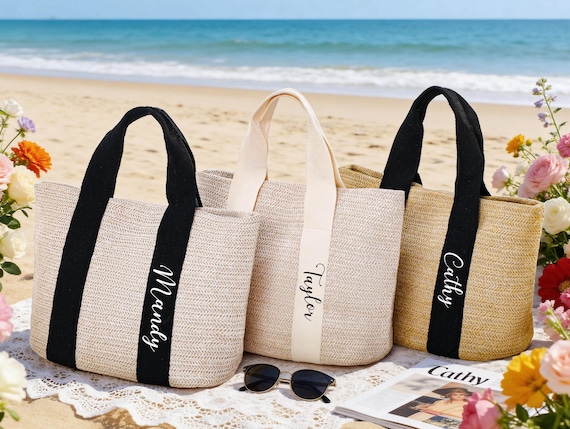 Personalized Straw Beach Bags,Custom Beach Bag,Straw Name Tote Bag,Bridesmaid Gift Bag,Bachelorette Gift Bags,Burlap Tote,Wedding Favors