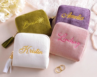Organiseur de bijoux brodés pour femme, étui à bijoux de voyage personnalisé, pochette zippée avec nom, cadeau de demoiselle d'honneur, pochette à bijoux, cadeau pour elle