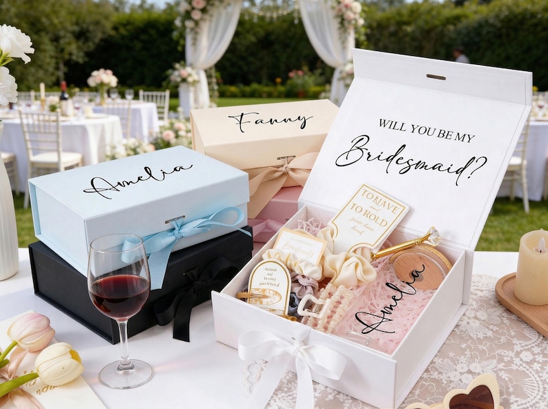 Peut inclure: Plusieurs coffrets cadeaux, dont une bo&icirc;te blanche avec le texte "Will You Be My Bridesmaid ?" et une bo&icirc;te bleu clair avec le nom "Amelia". Les bo&icirc;tes sont nou&eacute;es avec des rubans et contiennent divers cadeaux, pos&eacute;s sur une table avec un verre de vin rouge.