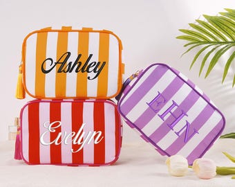 Gepersonaliseerde make-uptas, aangepaste reistoilettas, gestreepte make-uptas, cadeaus bruidsmeisjes voorstel, make-up toilettas, vrijgezellenfeestgunsten
