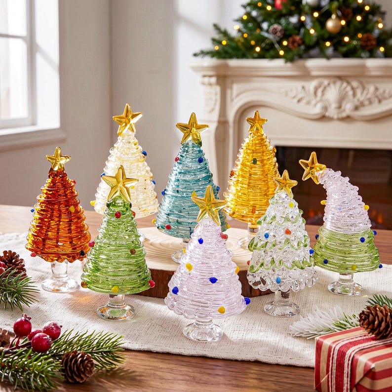 May include: A collection of eight small glass Christmas tree figurines in various colors including red, green, blue, yellow, and clear, each topped with a gold star and decorated with small colored glass dots on a clear glass pedestal base.