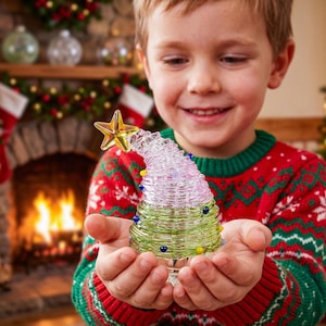 May include: A clear glass Christmas tree figurine with a coiled design, featuring a green base, a pink top section, and a yellow star topper. The tree is decorated with small, colorful glass beads in blue, yellow, and white.