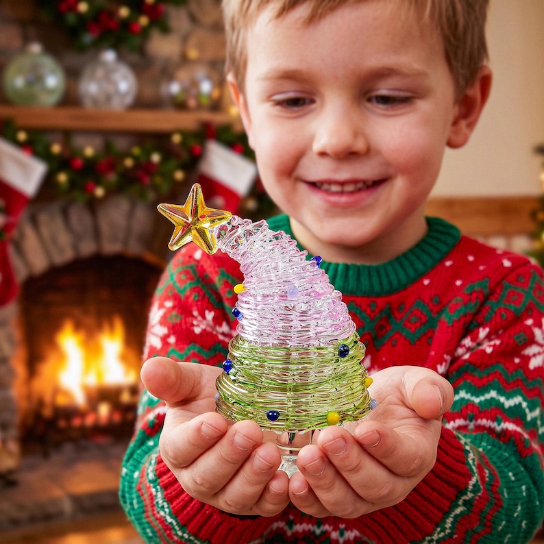May include: A clear glass Christmas tree figurine with a coiled design, featuring a green base, a pink top section, and a yellow star topper. The tree is decorated with small, colorful glass beads in blue, yellow, and white.