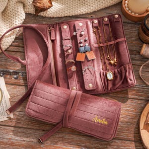 Personalisierte Schmuckschatulle Samt, Schmuck Organizer Samt, Brautjungfer Geschenk, Monogramm Schmuckschatulle, Reise Schmuckrolle, Brautparty Geschenk