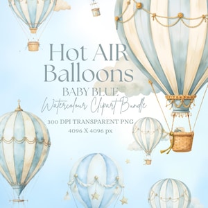 Puede incluir: Conjunto de imágenes prediseñadas de acuarela con globos aerostáticos azul bebé. La imagen incluye varios globos con rayas azul claro y crema, cestas detalladas y elementos decorativos. El texto de la imagen dice "Hot Air Balloons, Baby Blue, Watercolour Clipart Bundle."