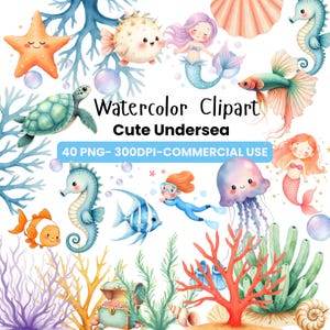 Watercolor Undersea Clip Art Bundle | Cute Ocean Fish, Turtles & Seashells | 300 DPI PNG | Digital Download