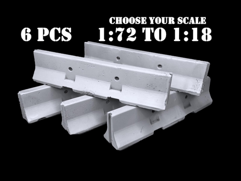 May include: A set of 6 light gray concrete-style jersey barriers for scale modeling. The text 6 PCS and CHOOSE YOUR SCALE 1:72 TO 1:18 is printed in white above the barriers. Each barrier features a sloped profile with circular holes.
