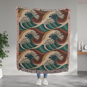 Japanese Ocean Wave Woven Cotton Throw: Mid-Century Retro Blanket