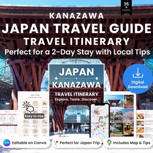 Pode incluir: Um guia de viagem digital e itinerário para Kanazawa, Japão, com mais de 35 páginas. O documento inclui mapas, dicas locais e recursos de planejamento. O design é editável no Canva para um roteiro de estadia de 2 dias.