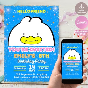 KPOP Demon Hunters-inbjudan, Hej vän-födelsedagsinbjudan, redigerbar Canva-mall, digital nedladdning, utskrivbar, Saja Boys, KPOP