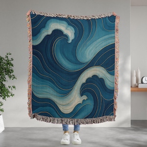 Japan Blue Ocean Wave Woven Cotton Throw: Japanese Style Home Decor