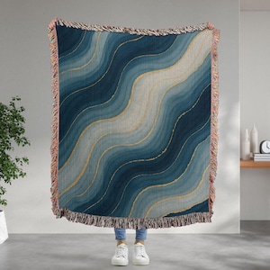 Ocean Wave Japanese Blanket | Deep Blue Cotton Throw | Elegant Woven Blanket | Wedding or Anniversary Gift