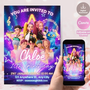 Op de afbeelding: Een levendige verjaardagsuitnodiging met geanimeerde personages, een neonster en muzieknoten tegen een paarse en blauwe achtergrond. De uitnodiging luidt "You are invited to Chloe's 10th Birthday" met evenementdetails. Een telefoon toont hetzelfde ontwerp.