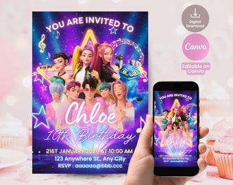 KPop Demon Hunters Invitation, Saja Boys KPOP | Girls Birthday invite, Editable Canva Template, Digital Download, Printable, Soda Pop, nova