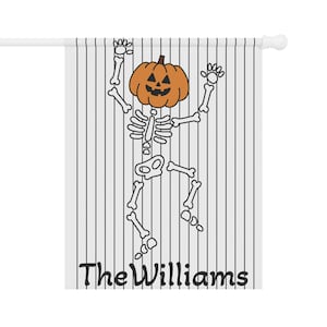 Halloween Garden Banner, Cute Dancing Skeleton Personalized with Last Name, Halloween Decor, Outdoor Flag, Housewarming Gift, Fall Garden