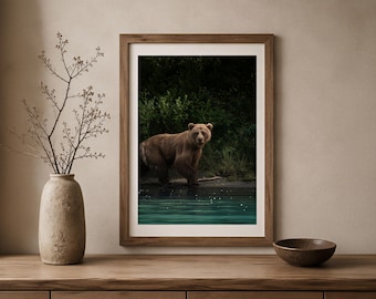 Alaska Brown Bear Print, Turquoise Water Wildlife Art, Coastal Wilderness Nature Decor
