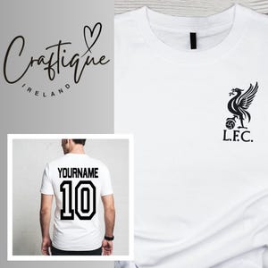 May include: White t-shirts with black graphics. One shirt features a team logo and the letters "L.F.C.". Another shirt has the text "YOURNAME" and the number "10". The image also includes the "Craftique Ireland" logo.