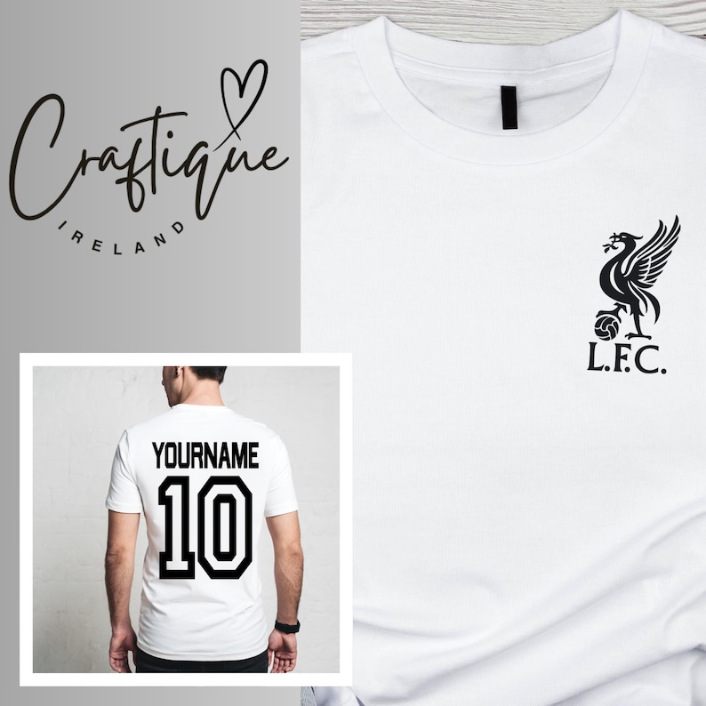 May include: White t-shirts with black graphics. One shirt features a team logo and the letters "L.F.C.". Another shirt has the text "YOURNAME" and the number "10". The image also includes the "Craftique Ireland" logo.