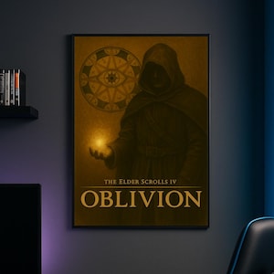 May include: Framed poster featuring artwork from The Elder Scrolls IV: Oblivion. The image depicts a robed figure holding a glowing orb, with the game's title in gold lettering. The background is a sepia tone.