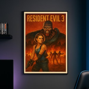 May include: A framed poster for Resident Evil 3. The artwork features a woman holding a gun, with a large monster behind her and zombies in the background. The title "RESIDENT EVIL 3" is at the top in orange letters.