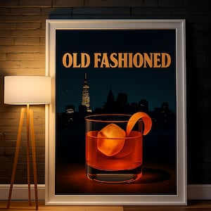 Old Fashioned Cocktail Art Print Digital Download, Klasyczny plakat z drinkiem whisky z panoramą Nowego Jorku, Nowoczesny wystrój baru