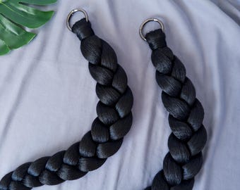 Removable black Braided Ponytail Extensions on a ring - Synthetic Hair Piece, Braids Ponytail with ring